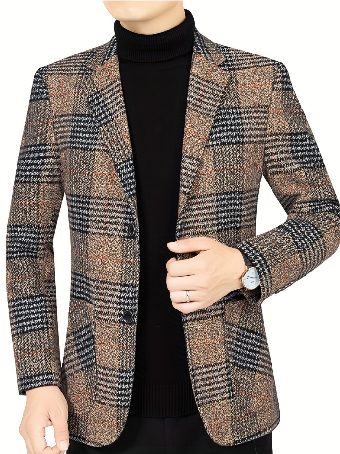 Father's Day Gift, Plaid Pattern Two Button Blazer, Men's Casual Flap Pocket Lapel Sports Coat For Spring Fall Business