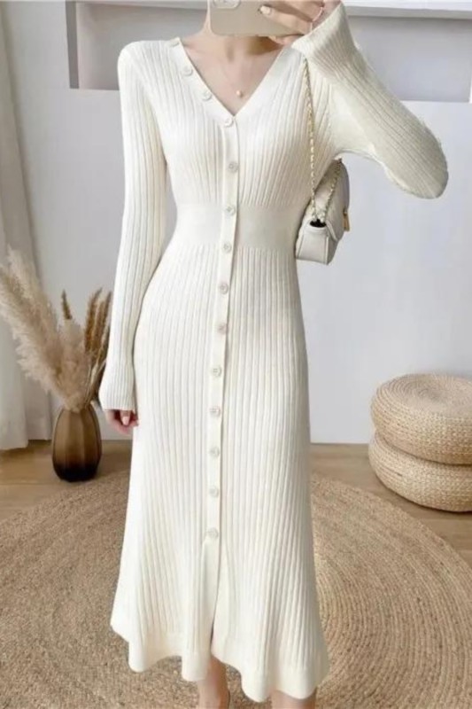 Elegant Knitted Chic Buttons Slim Fit V Neck Party Midi Dresses
