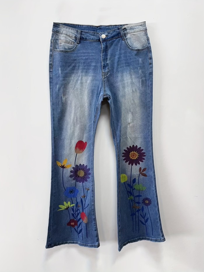 Plus Size Casual Jeans, Women's Plus Floral Print Button Fly Elastic Flared Leg High Stretch Jeans