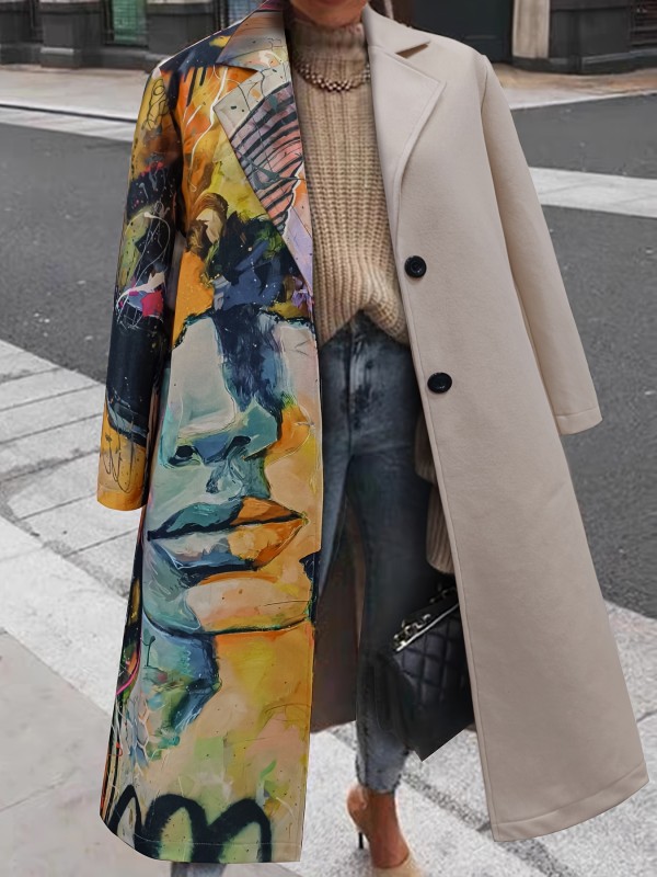 Plus Size Casual Coat, Women's Plus Colorblock Oil Painting Print Long Sleeve Single Breast Button Lapel Collar Longline Coat