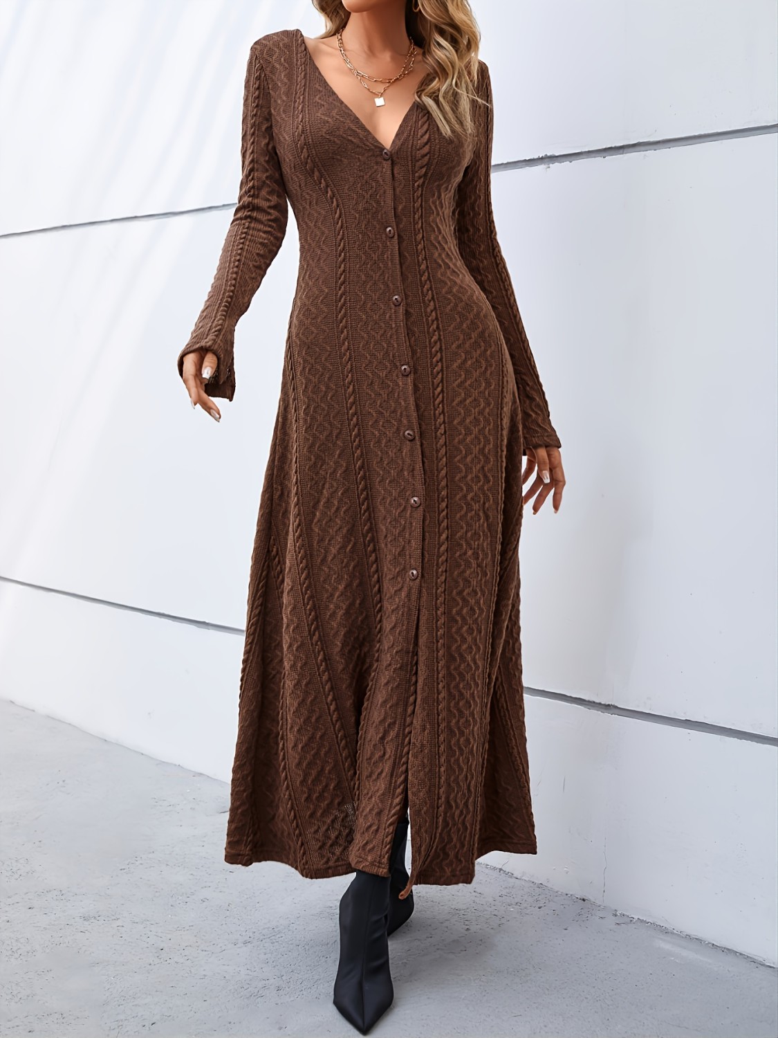 Hemmed Bottom Mock Neck 2 Slit Long Sleeve Long Dress