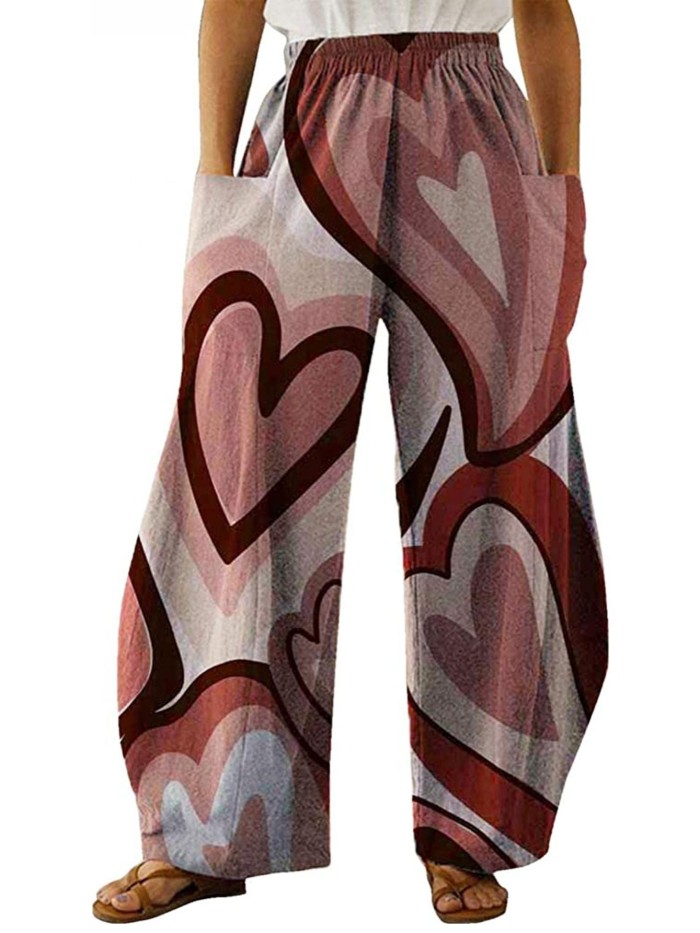 Women's Hippie Pants Valentine's Day Casual Mid Waist Print Straight Wide Fashion Loose Pants