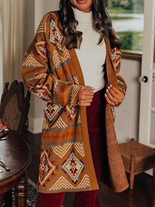 Western Aztec Pattern Knit Cardigan, Casual Open Front Long Sleeve Sweater, Women's Clothing