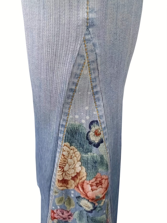 Plus Size Casual Trousers, Women's Plus Denim Print Slight Stretch Contrast Floral Panel Flare Pants