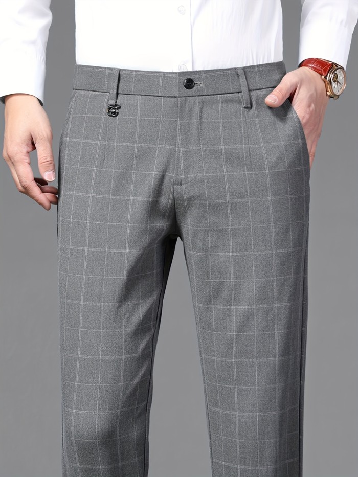 Retro Style Plaid Slacks, Men's Casual Comfy Slightly Stretch Dress Pants For Spring Fall Business
