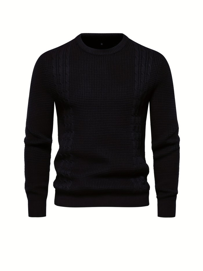 All Match Knitted Solid Sweater, Men's Casual Warm Slightly Stretch Crew Neck Pullover Sweater For Men Fall Winter