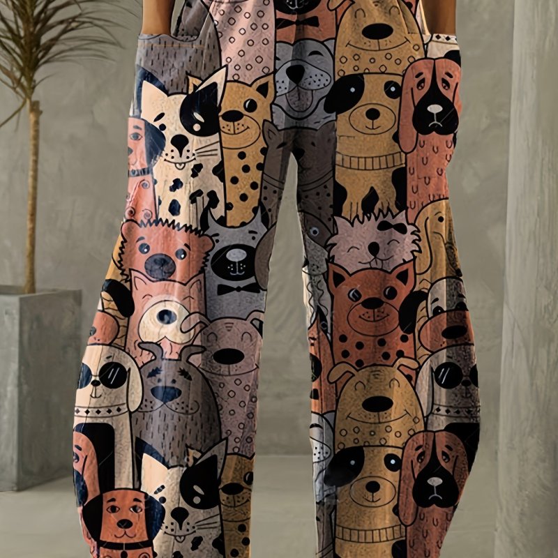 Plus Size Casual Pants, Women's Plus Allover Dog Print Wide Leg Loose Pants With Pockets