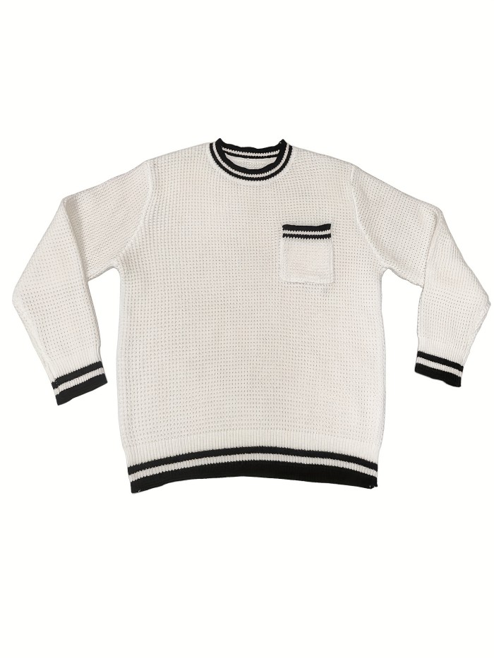 Crew Neck Knitted Striped Cuff Sweater, Men's Casual Warm Chest Pocket Slightly Stretch Pullover Sweater For Fall Winter