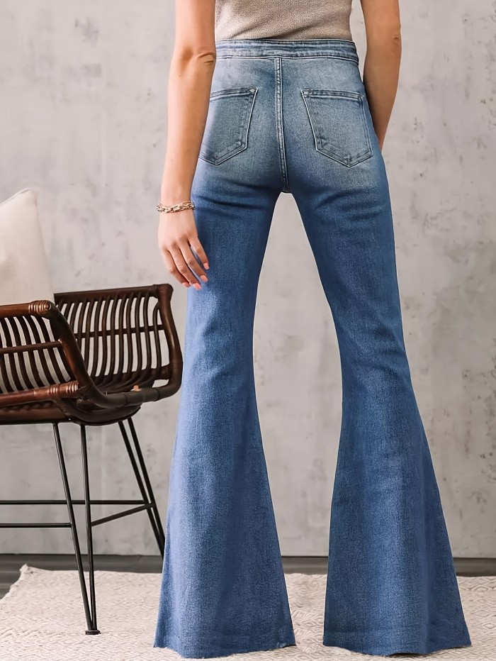 Women's High Waist Slim Fit Flare Leg Pants, Retro Solid Flared Jeans, Stretch Denim Pants