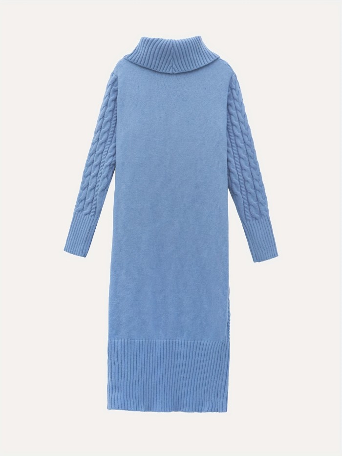 Solid Cable Knit Sweater Dress, Casual Turtleneck Long Sleeve Pocket Front Dress, Women's Clothing