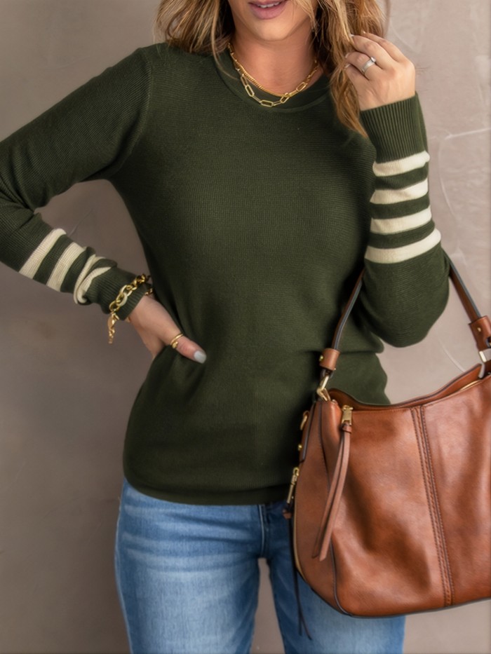 Women's Sweater Green Crew Neck Striped Sleeve Plain Knit Sweater