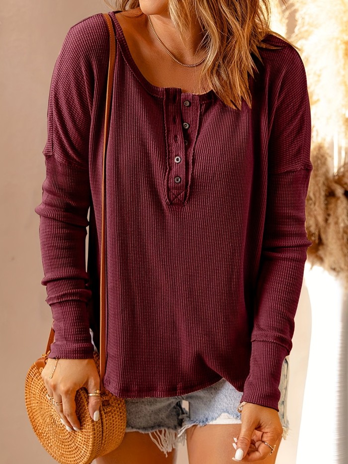 Women's Long Sleeve Henley Tops Casual Button Up Tunic Blouse Ribbed Slim Fit Shirts