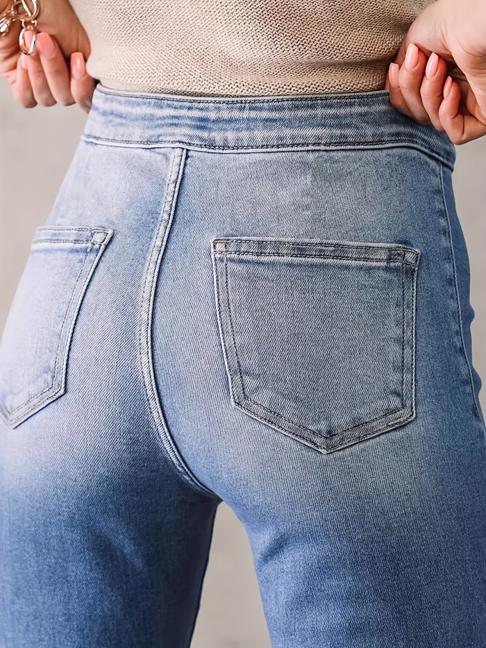 Women's High Waist Slim Fit Flare Leg Pants, Retro Solid Flared Jeans, Stretch Denim Pants