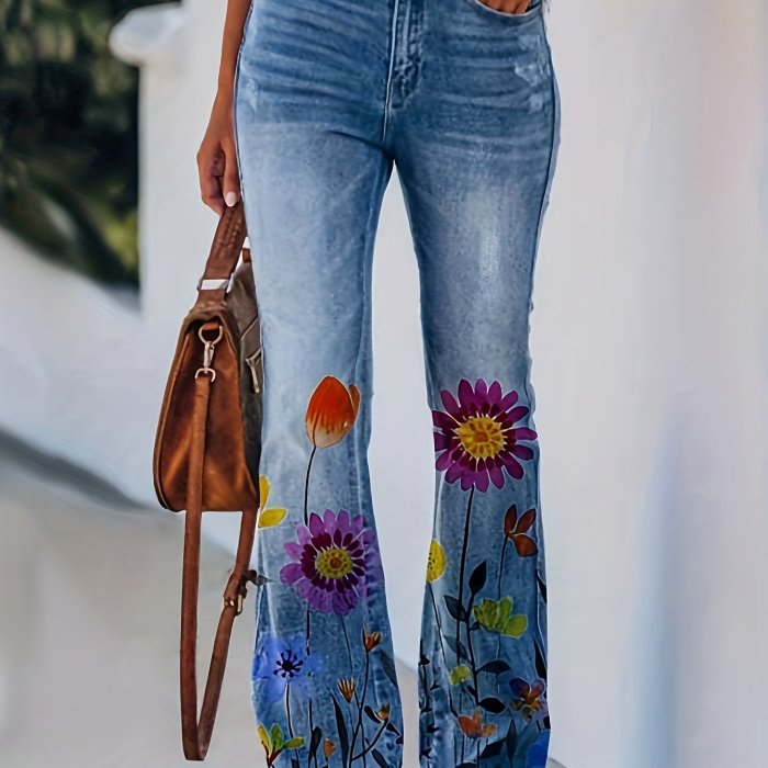 Plus Size Casual Jeans, Women's Plus Floral Print Button Fly Elastic Flared Leg High Stretch Jeans