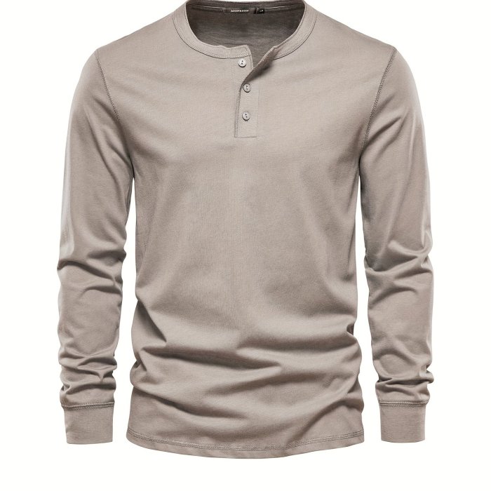 Men's Henley Collar Long Sleeve Cotton T Shirt