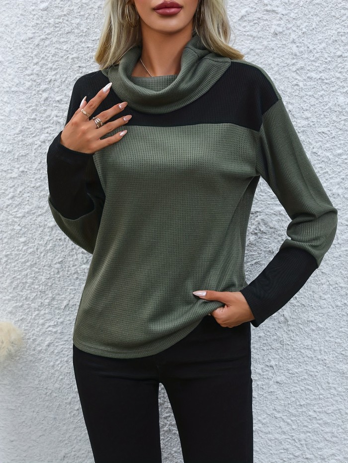 Colorblock Turtleneck T-Shirt, Casual Long Sleeve Top For Spring & Fall, Women's Clothing
