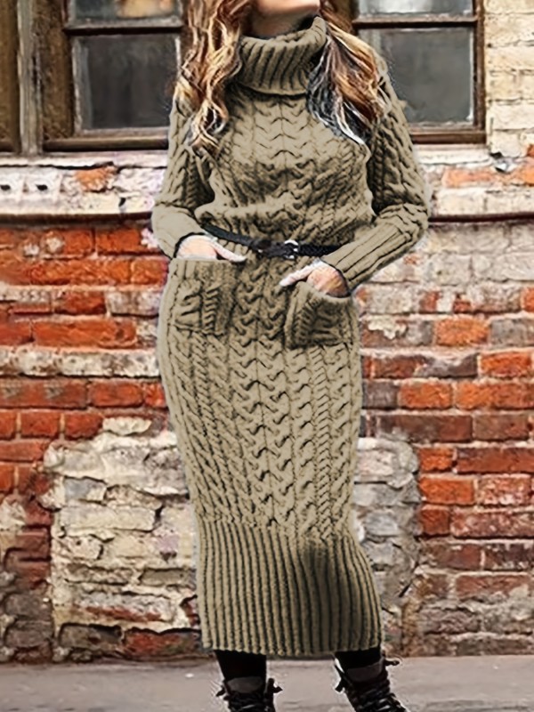 Solid Cable Knit Sweater Dress, Casual Turtleneck Long Sleeve Pocket Front Dress, Women's Clothing