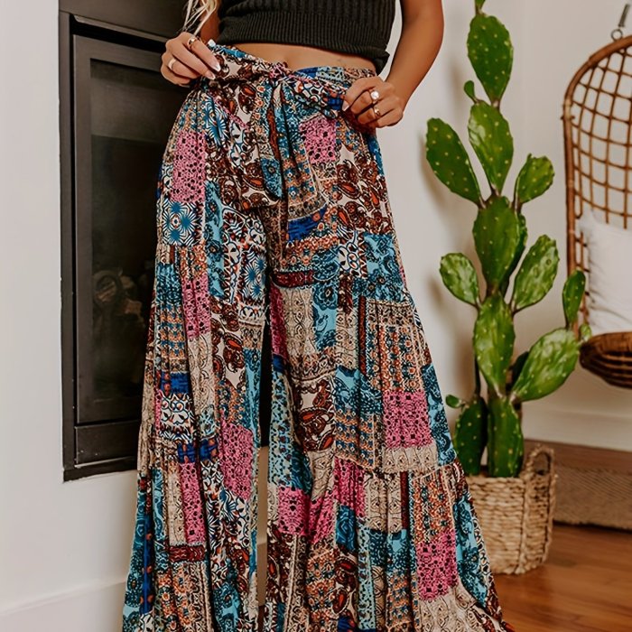 Ethnic Print High Waist Pants, Boho Wide Leg Long Length Summer Pants, Women's Clothing