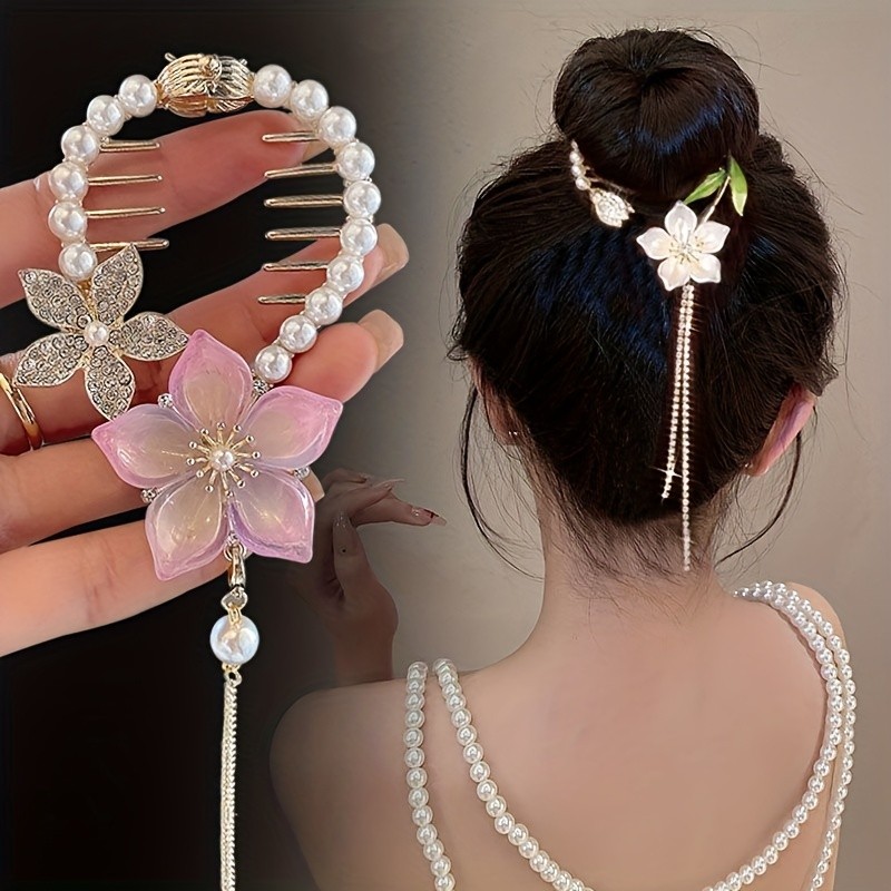1pc Girl's Flower Tassel Faux Pearl Female Ponytail Buckle Hair Ring Fixed Clip