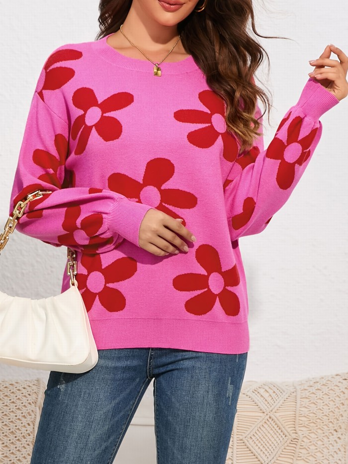 Floral Pattern Crew Neck Sweater, Casual Long Sleeve Drop Shoulder Sweater, Women's Clothing