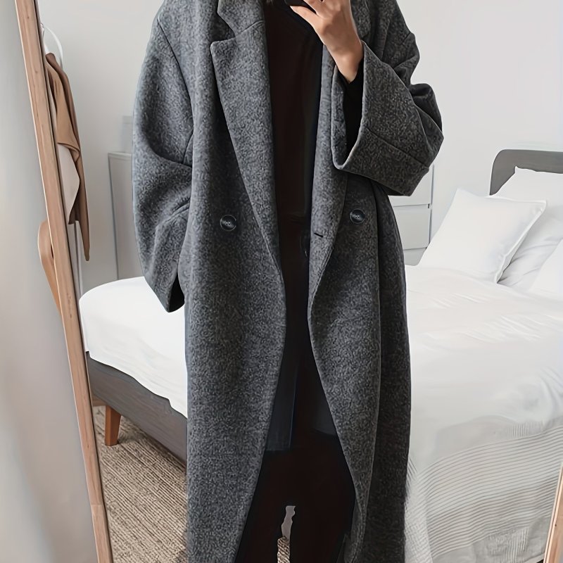 Plus Size Casual Coat, Women's Plus Solid Long Sleeve Double Breast Button Lapel Lapel Collar Longline Woolen Coat With Pockets