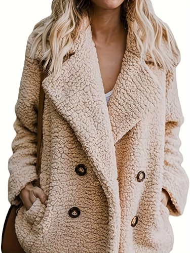 Plus Size Casual Coat, Women's Plus Solid Teddy Fleece Long Sleeve Double Breast Button Lapel Collar Coat With Pockets
