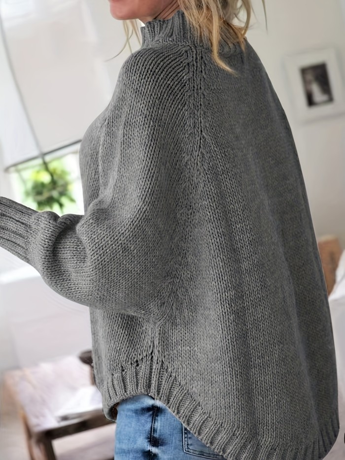 Cable Mock Neck Sweater, Vintage Batwing Sleeve Curved Hem Sweater, Women's Clothing