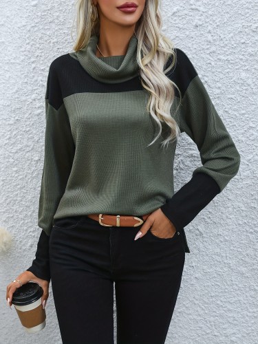 Colorblock Turtleneck T-Shirt, Casual Long Sleeve Top For Spring & Fall, Women's Clothing