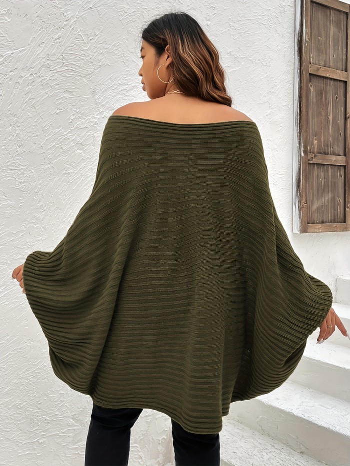 Plus Size Rib Knit Off Shoulder Batwing Sleeve Loose Fit Sweater, Women's Plus High Stretch Casual Sweater