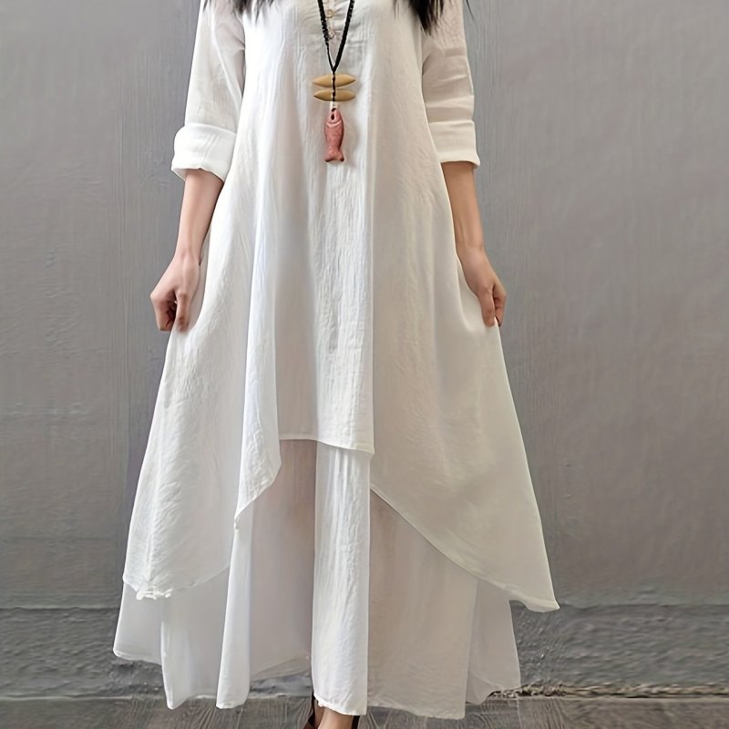 Layered Solid Dress, Casual V Neck Long Sleeve Maxi Dress, Women's Clothing
