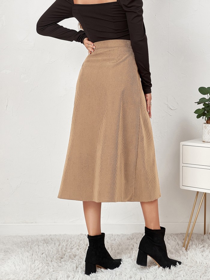 Corduroy Button Skirt, Elegant Solid High Waist Skirt For Fall & Winter, Women's Clothing