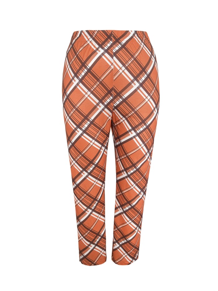 Plus Size Retro Pants, Women's Plus Plaid Print Elastic Slight Stretch Halloween Pants