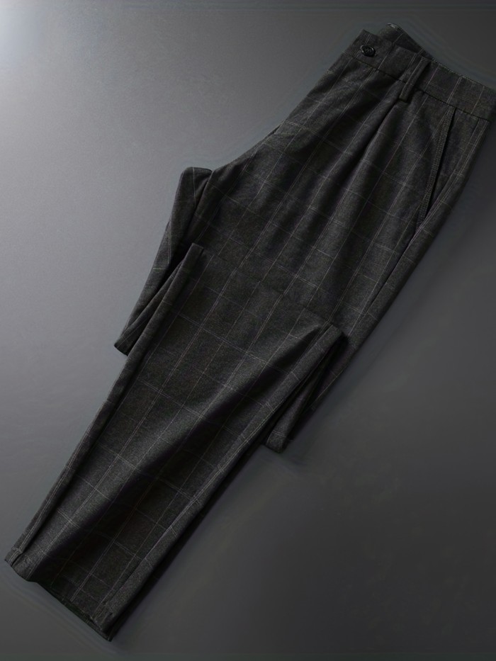 Retro Style Plaid Slacks, Men's Casual Comfy Slightly Stretch Dress Pants For Spring Fall Business