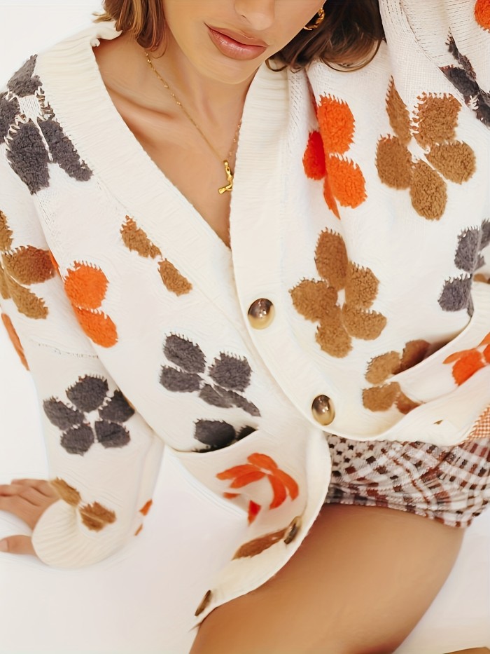 Floral Embroidery Button Up Knit Cardigan, Casual Long Sleeve Pocket Sweater For Fall & Winter, Women's Clothing