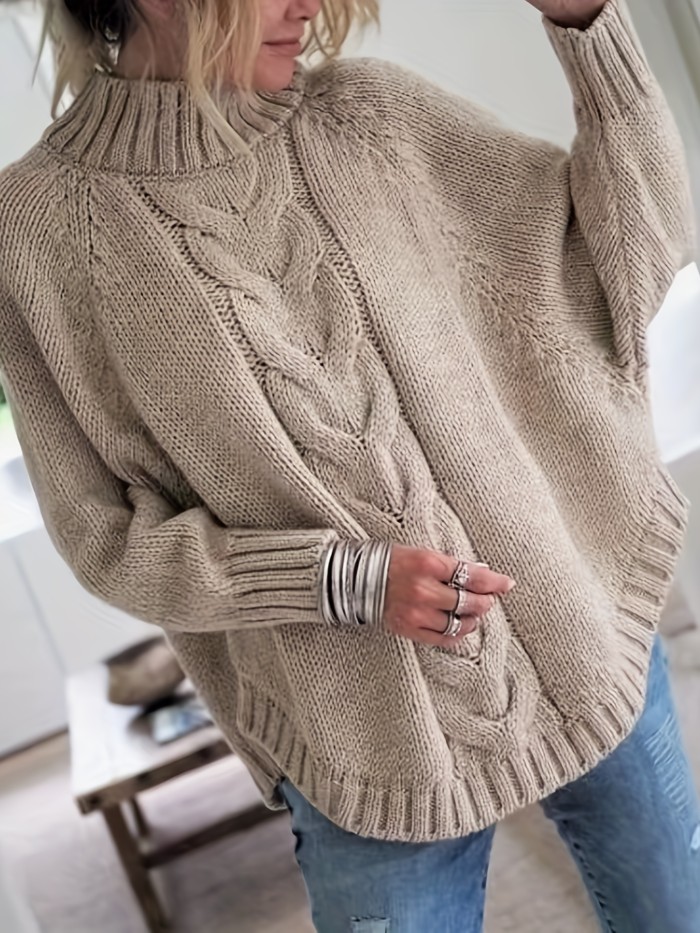 Cable Mock Neck Sweater, Vintage Batwing Sleeve Curved Hem Sweater, Women's Clothing