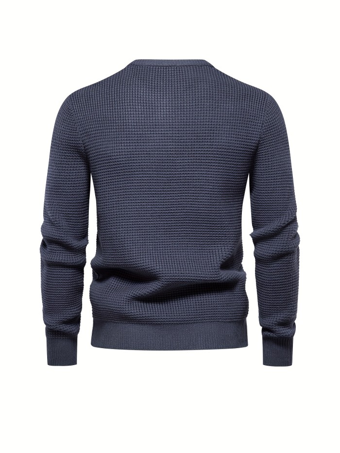 All Match Knitted Solid Sweater, Men's Casual Warm Slightly Stretch Crew Neck Pullover Sweater For Men Fall Winter