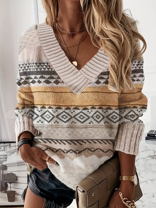 Geometric Pattern V Neck Knitted Top, Casual Long Sleeve Sweater For Fall & Winter, Women's Clothing
