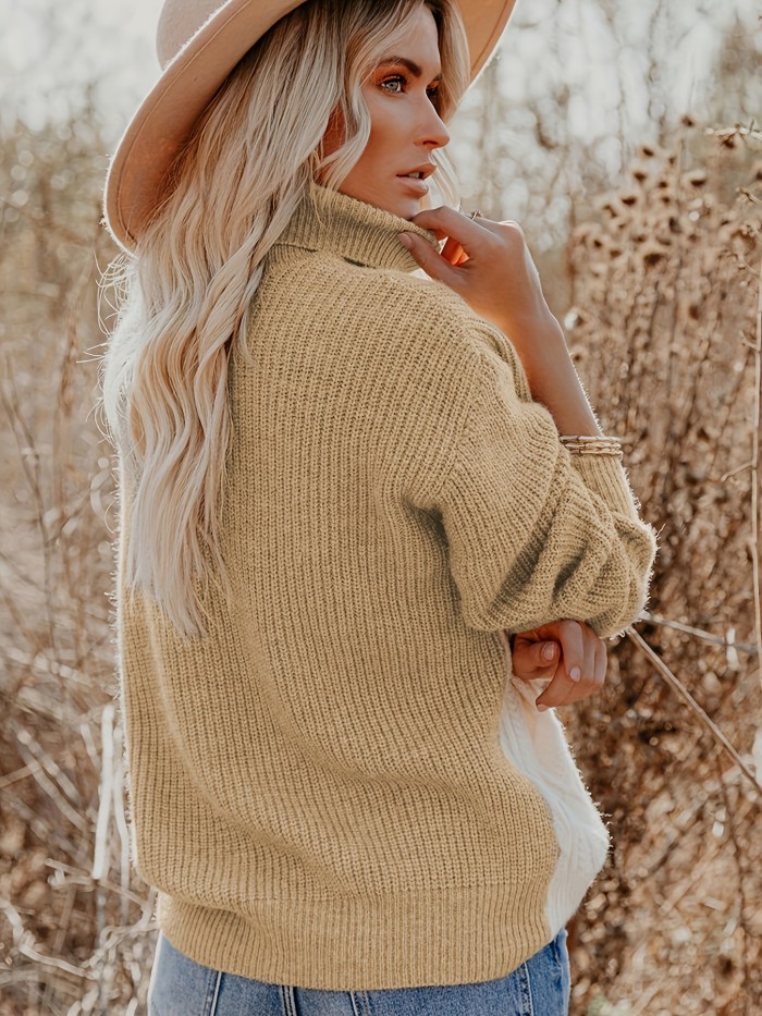 Colorblock Cable Knit Sweater, Casual Turtleneck Long Sleeve Sweater, Women's Clothing