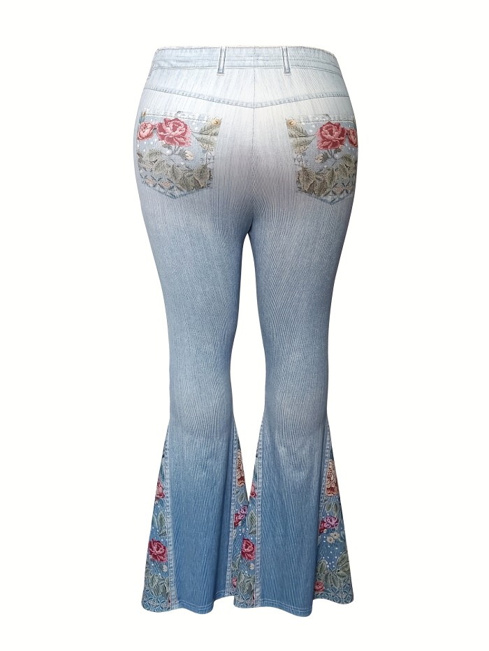 Plus Size Casual Trousers, Women's Plus Denim Print Slight Stretch Contrast Floral Panel Flare Pants