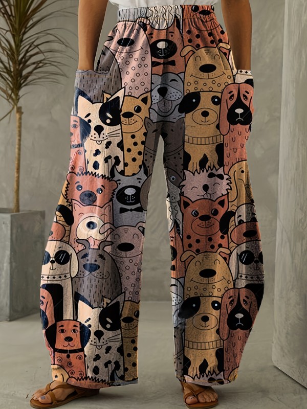 Plus Size Casual Pants, Women's Plus Allover Dog Print Wide Leg Loose Pants With Pockets
