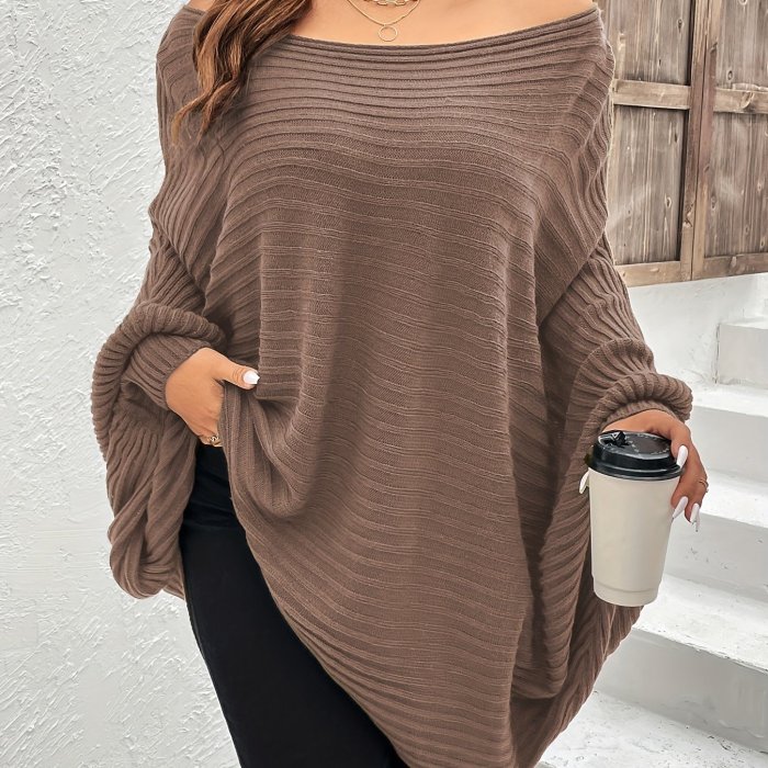 Plus Size Rib Knit Off Shoulder Batwing Sleeve Loose Fit Sweater, Women's Plus High Stretch Casual Sweater