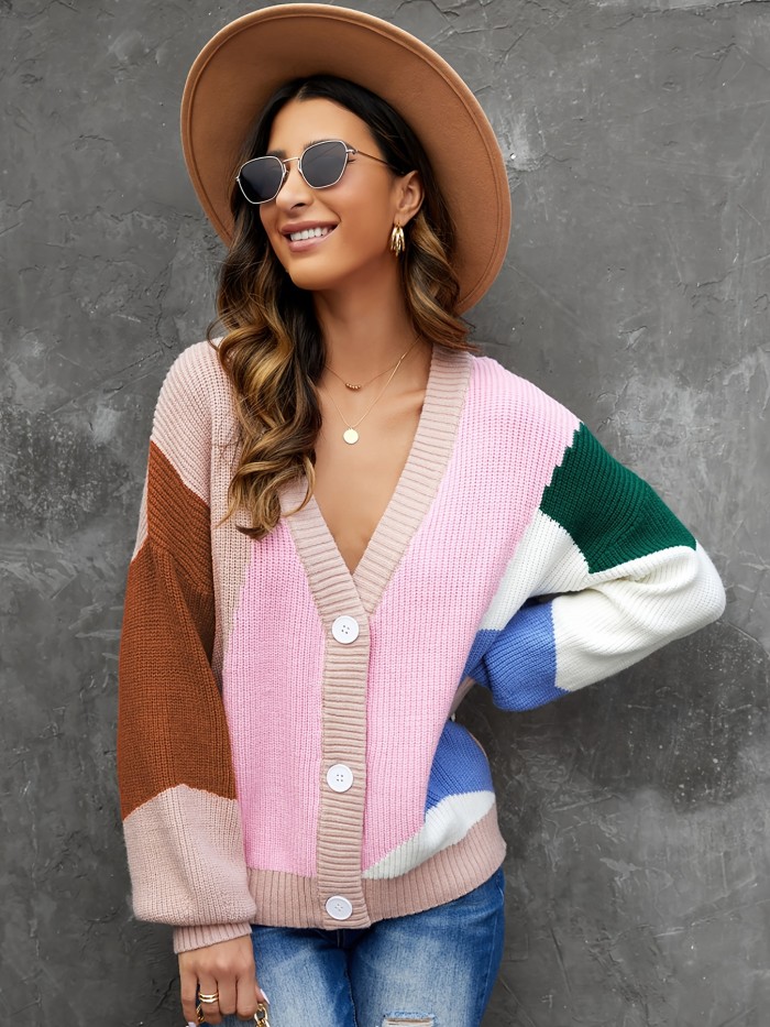 Colorblock V-neck Loose Cardigan, Casual Long Sleeve Button Down Fall & Winter Knit Cardigan, Women's Clothing