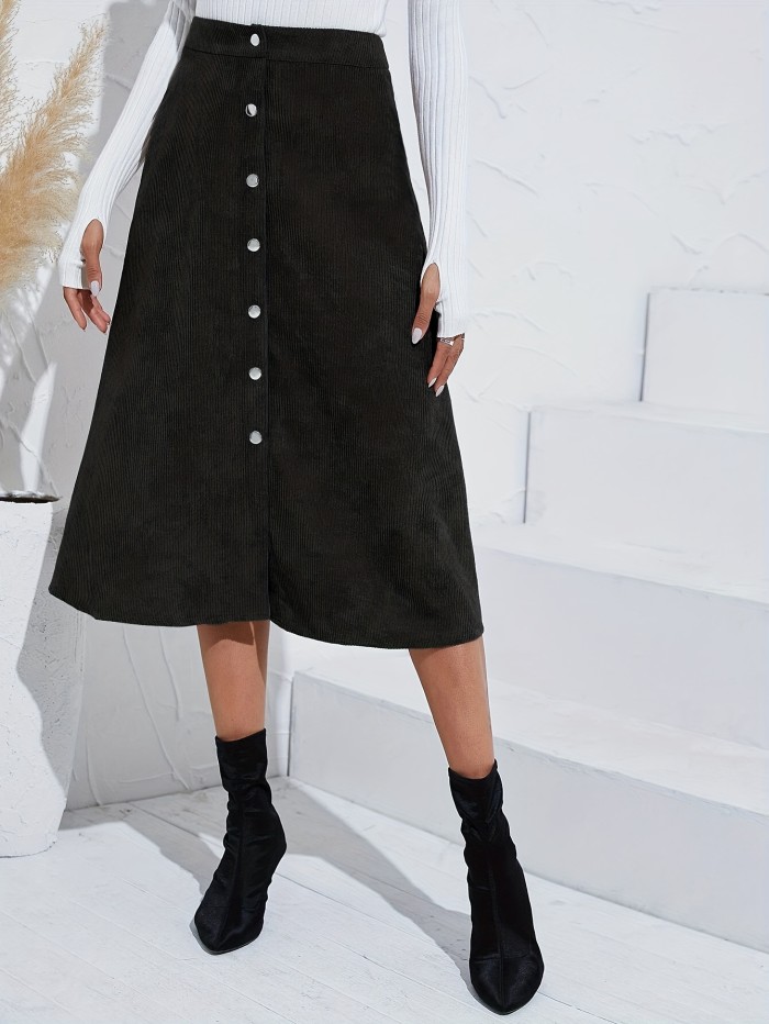 Corduroy Button Skirt, Elegant Solid High Waist Skirt For Fall & Winter, Women's Clothing