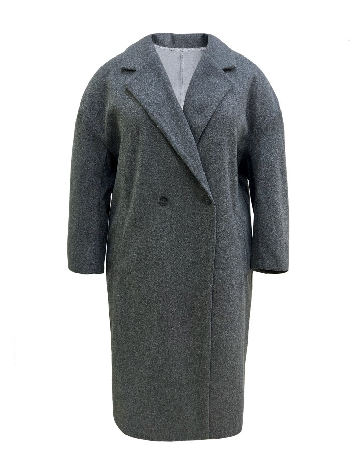 Plus Size Casual Coat, Women's Plus Solid Long Sleeve Double Breast Button Lapel Lapel Collar Longline Woolen Coat With Pockets