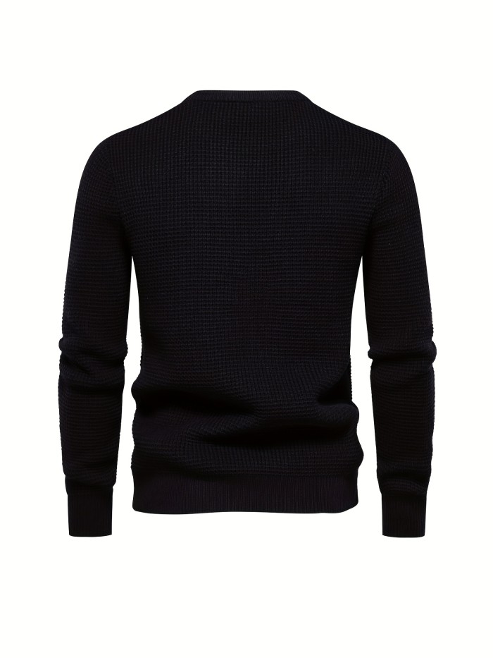 All Match Knitted Solid Sweater, Men's Casual Warm Slightly Stretch Crew Neck Pullover Sweater For Men Fall Winter