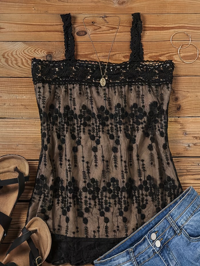 Plus Size Sexy Cami Top, Women's Plus Flora Lace Layered Cami Top