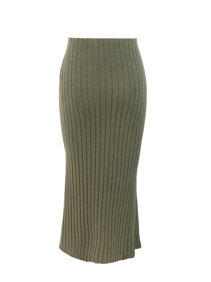 Solid Ribbed High Waist Skirt, Casual Ankle Length Bodycon Skirt, Women's Clothing