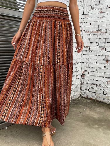 Tribal Floral Print High Waist Skirt, Casual A Line Maxi Skirt, Women's Clothing