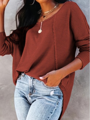 Solid Waffle Knitted Top, Long Sleeve Casual Every Day Top For Fall And Spring, Women's Clothing