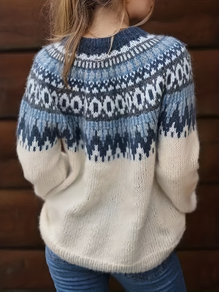 Fair Isle Pattern Crew Neck Sweater, Vintage Long Sleeve Sweater For Fall & Winter, Women's Clothing